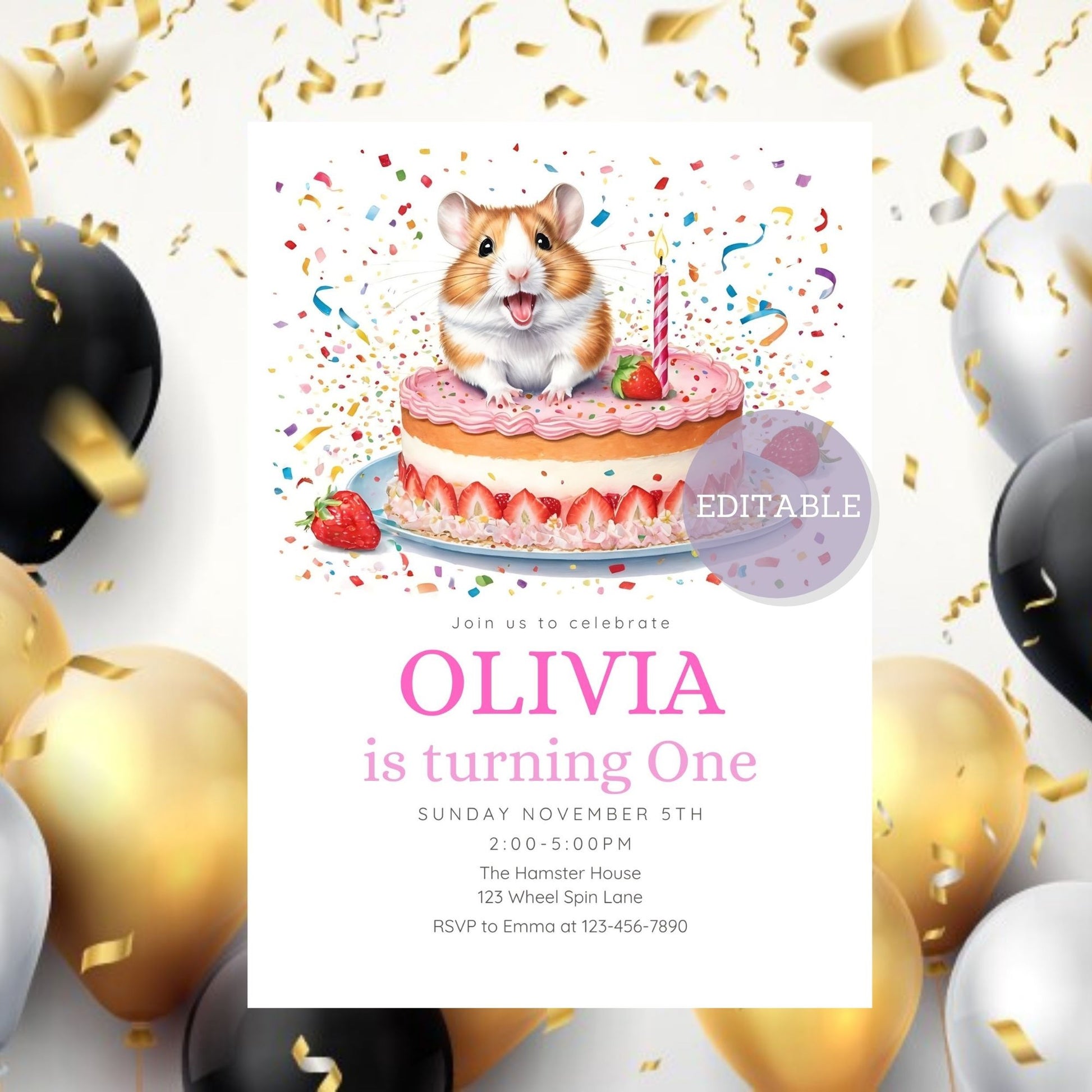 Printable hamster first birthday card with strawberry theme.