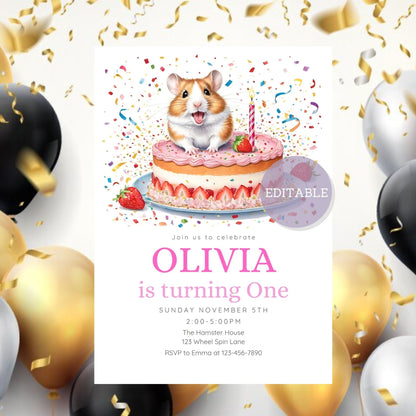 Printable hamster first birthday card with strawberry theme.