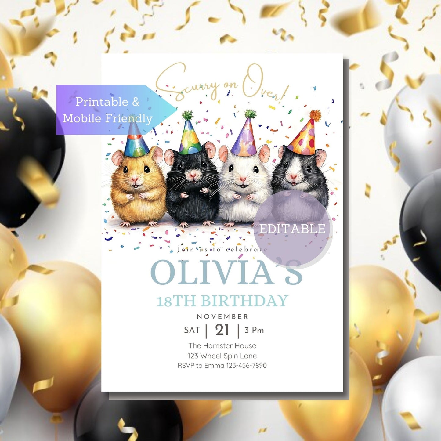 Printable animal party invite with hamster illustrations