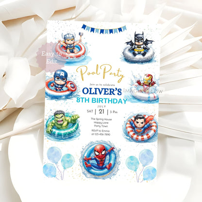 Superhero Birthday Invitation – Heroes Boys Pool Party Template