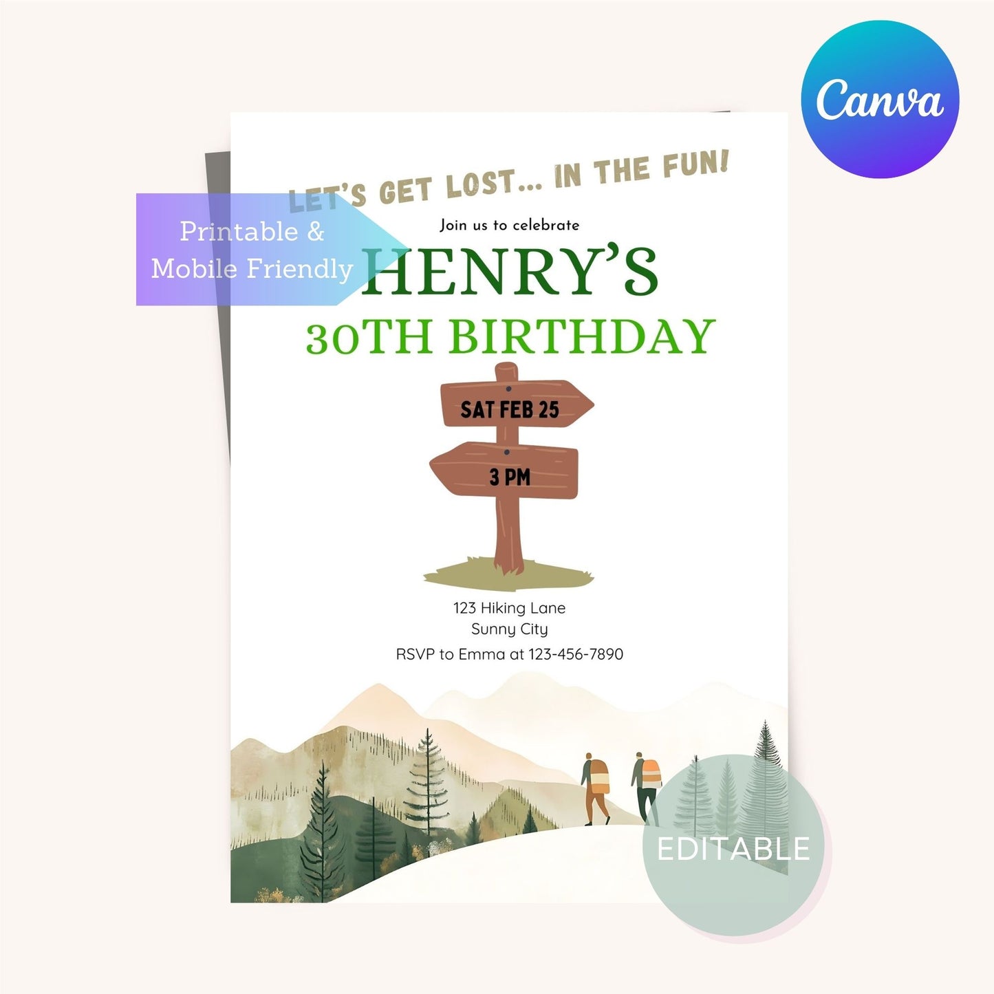 Printable hiking-themed invitation for a birthday party or outdoor event.