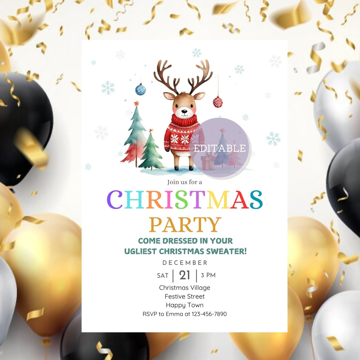 Editable reindeer Christmas invite for seasonal celebrations.
