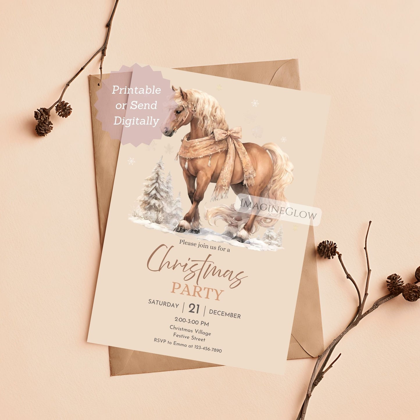 Christmas party invitation with horse illustration on a beige background