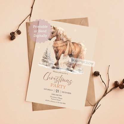 Christmas party invitation with horse illustration on a beige background