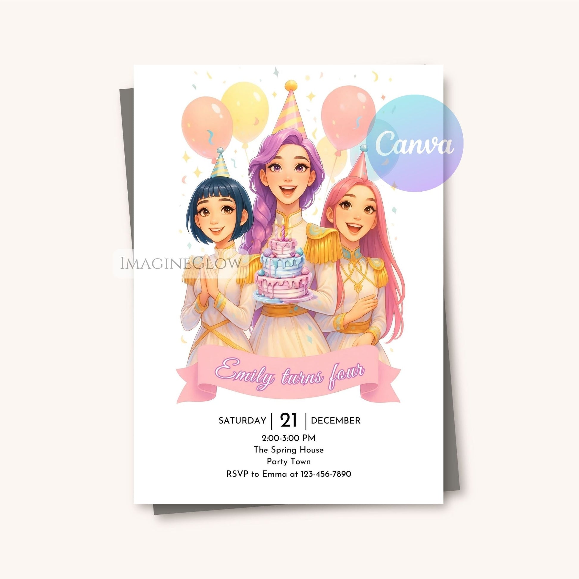 Birthday invitation card with three animated girls holding balloons and a cake