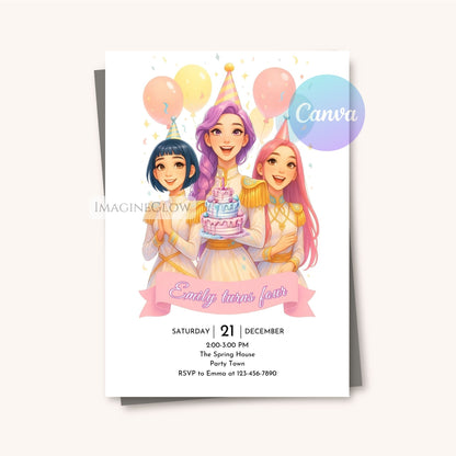Birthday invitation card with three animated girls holding balloons and a cake