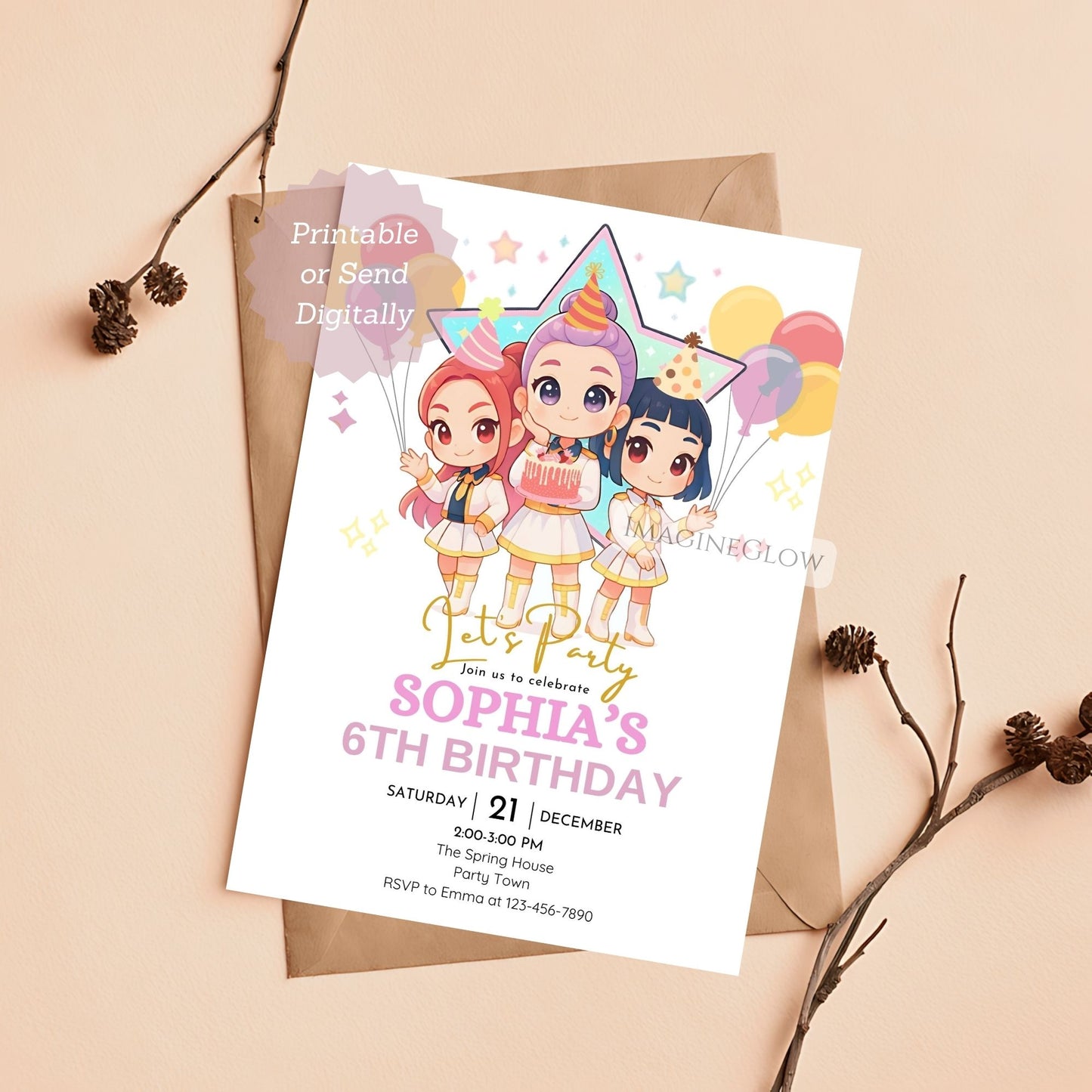 Birthday invitation card with cartoon characters and balloons 