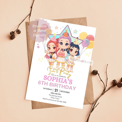Birthday invitation card with cartoon characters and balloons 