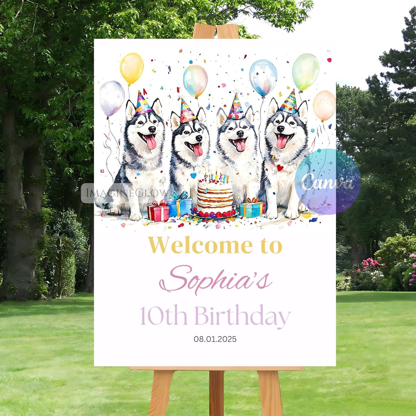 editable husky birthday welcome sign
dog themed birthday poster
husky puppy birthday decoration

