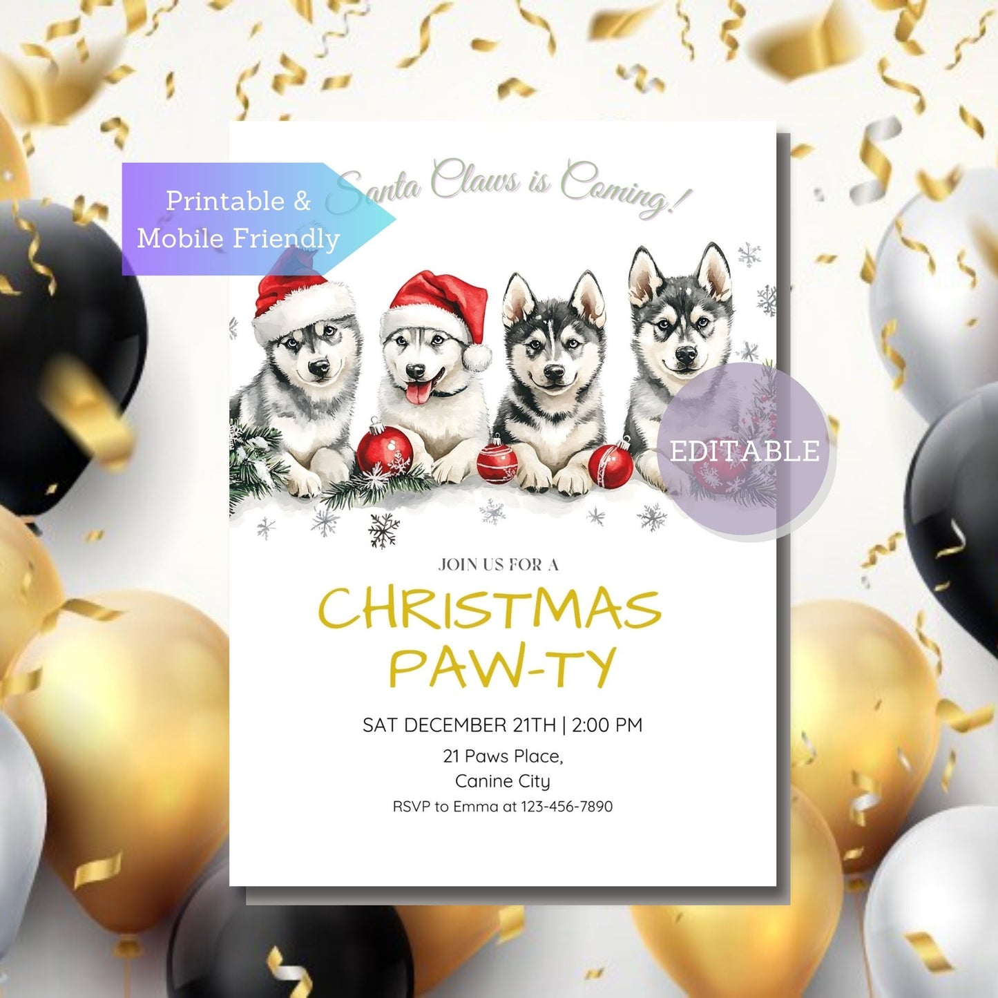 Editable Holiday Invitation featuring Husky Dog - Printable and Mobile Design