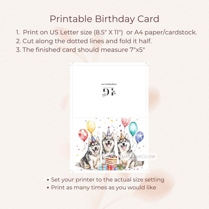 digital dog card printable
Husky birthday card for kids
