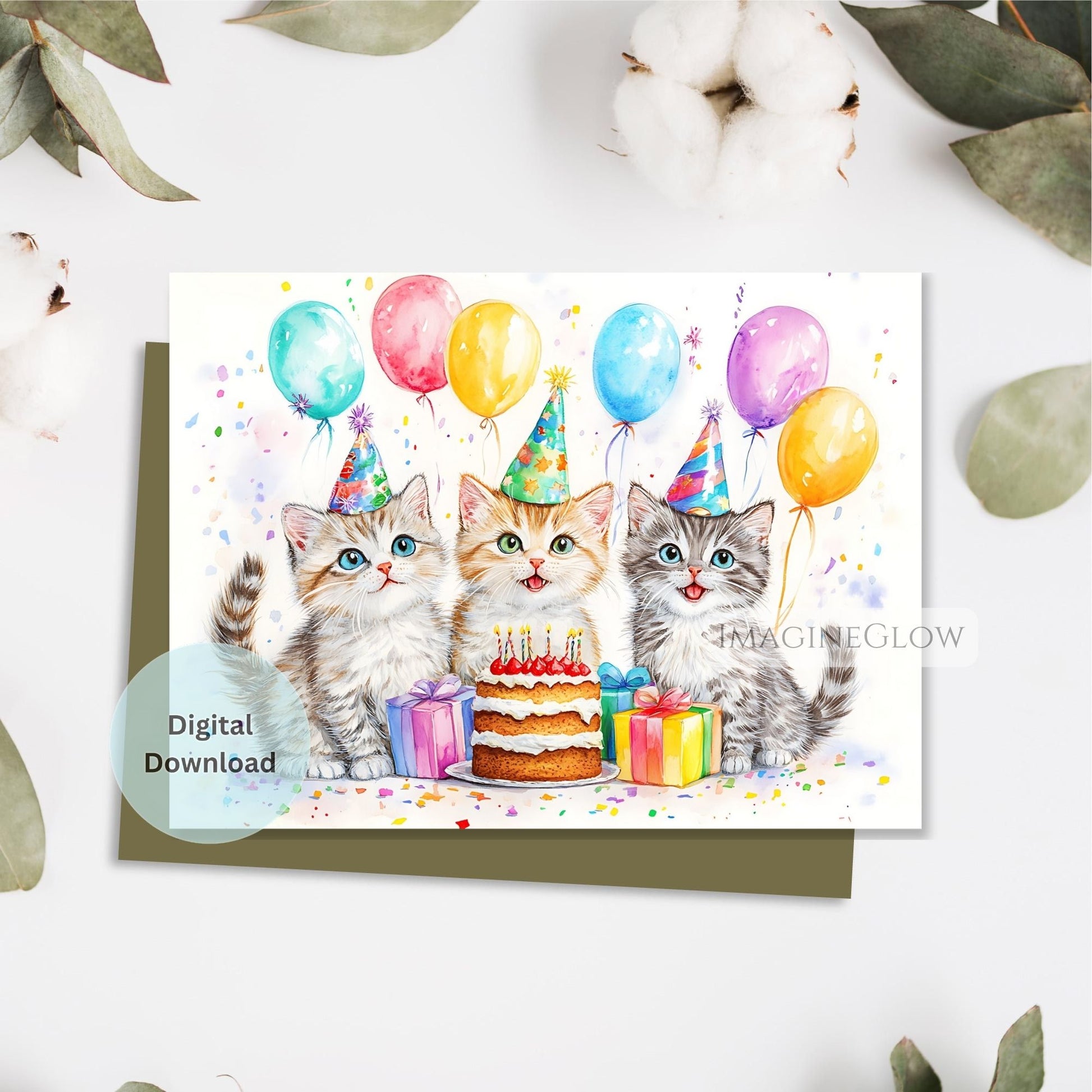 Birthday card with three kittens, balloons, and a cake on a white background.