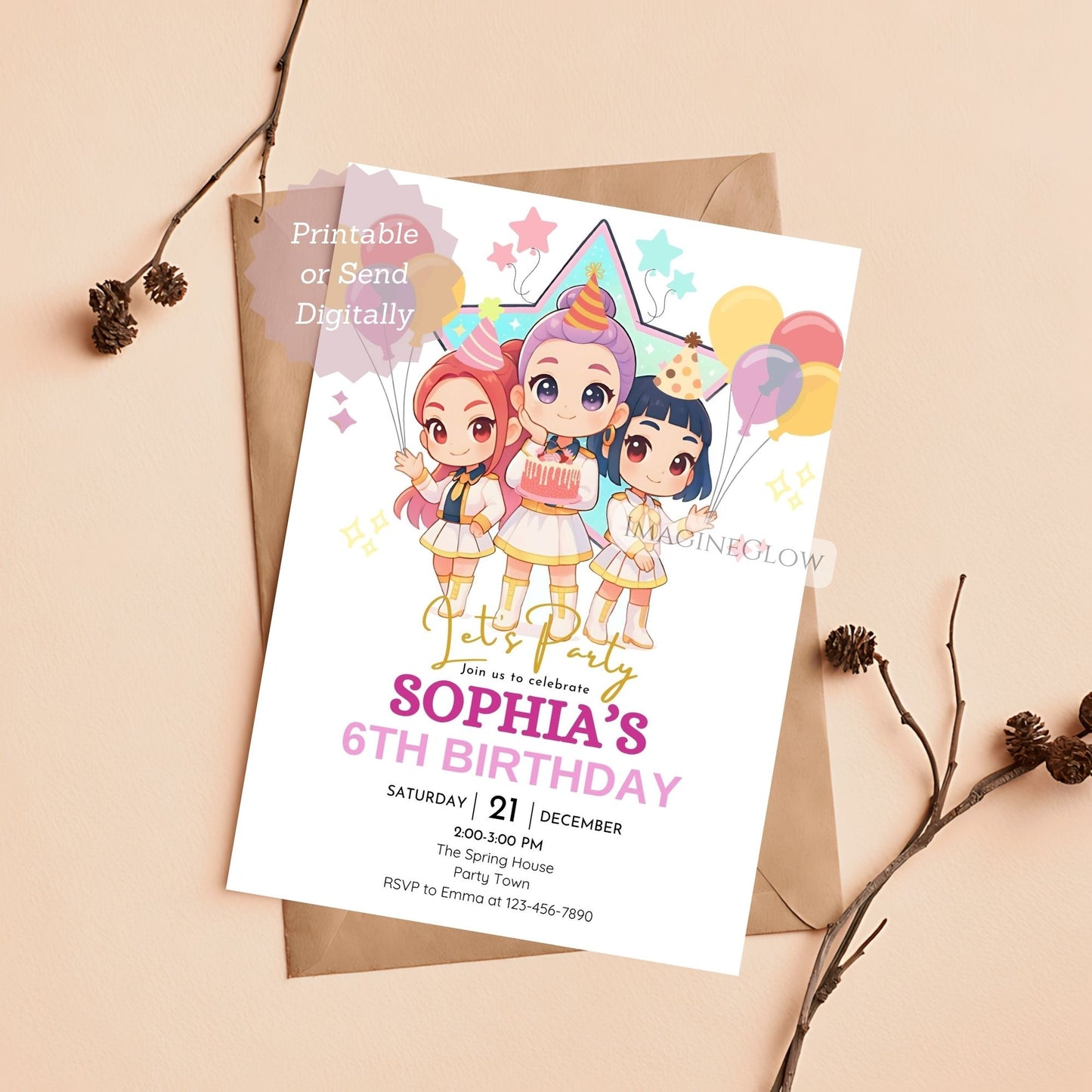 kpop anime inspired birthday invitation
huntrix kpop fan party invitation
