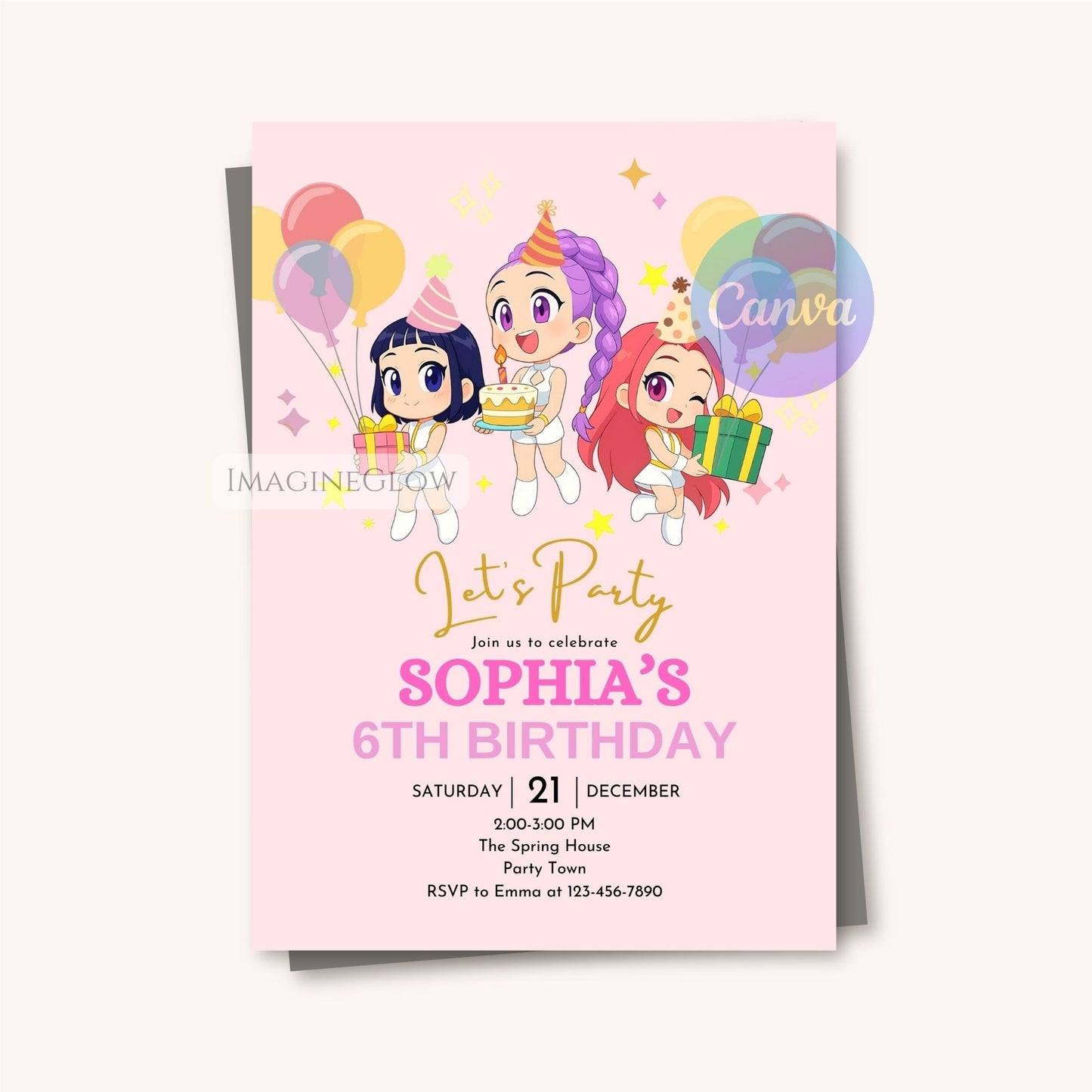 Birthday party invitation with cartoon characters and balloons on a pink background