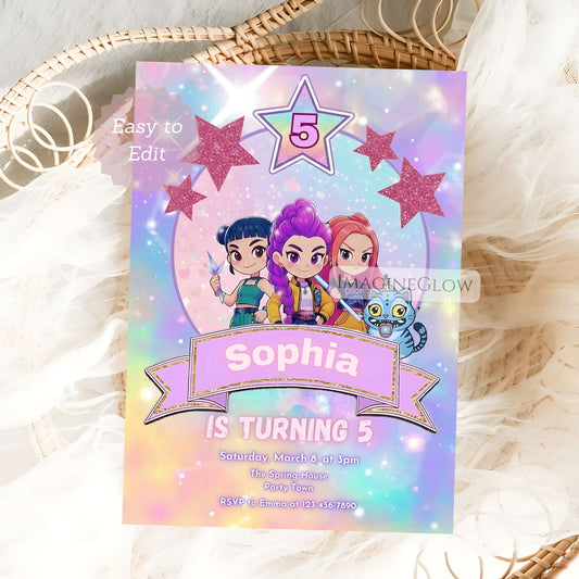kpop demon hunters birthday invitation
huntrix anime party invite editable
