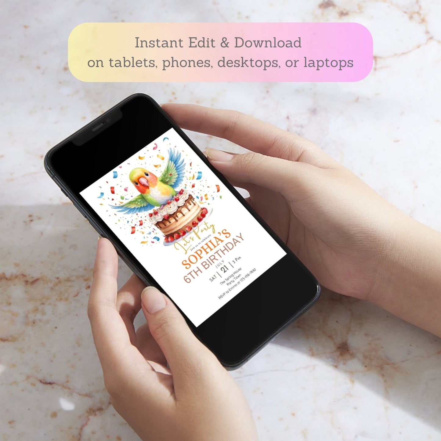 bright lovebird birthday invite for festive celebration
