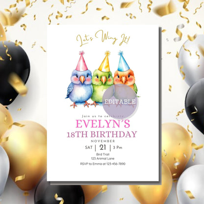 Lovebirds-themed birthday invitation for kids and adults, editable in Canva