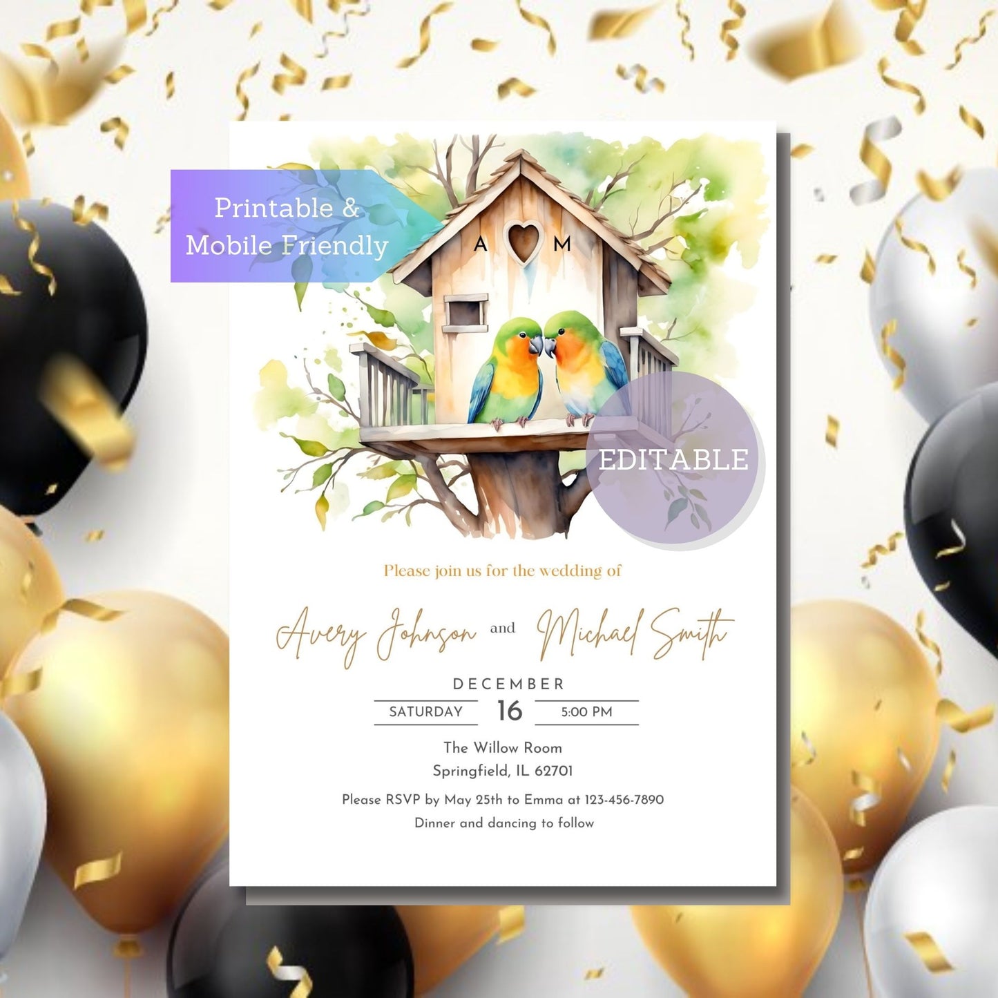 Editable lovebirds wedding invitation template with initials option