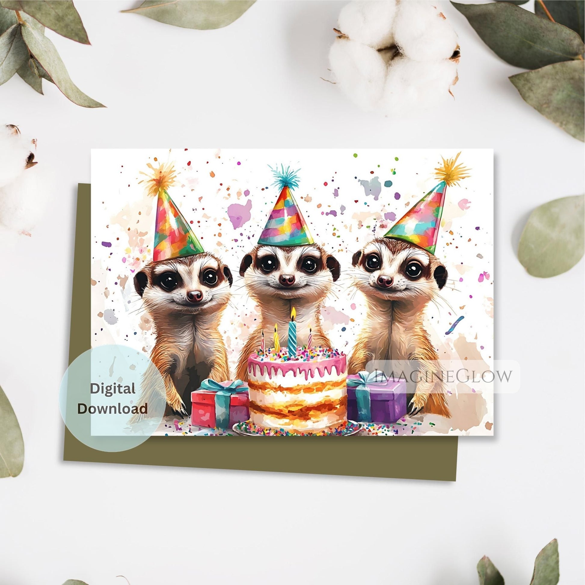 Birthday card with meerkats wearing party hats and a cake on a white background.