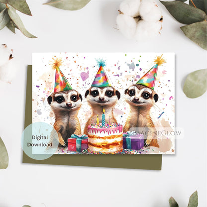 Birthday card with meerkats wearing party hats and a cake on a white background.