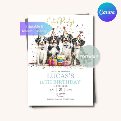 Printable invitation for Miniature American Shepherd birthday party, mobile-friendly