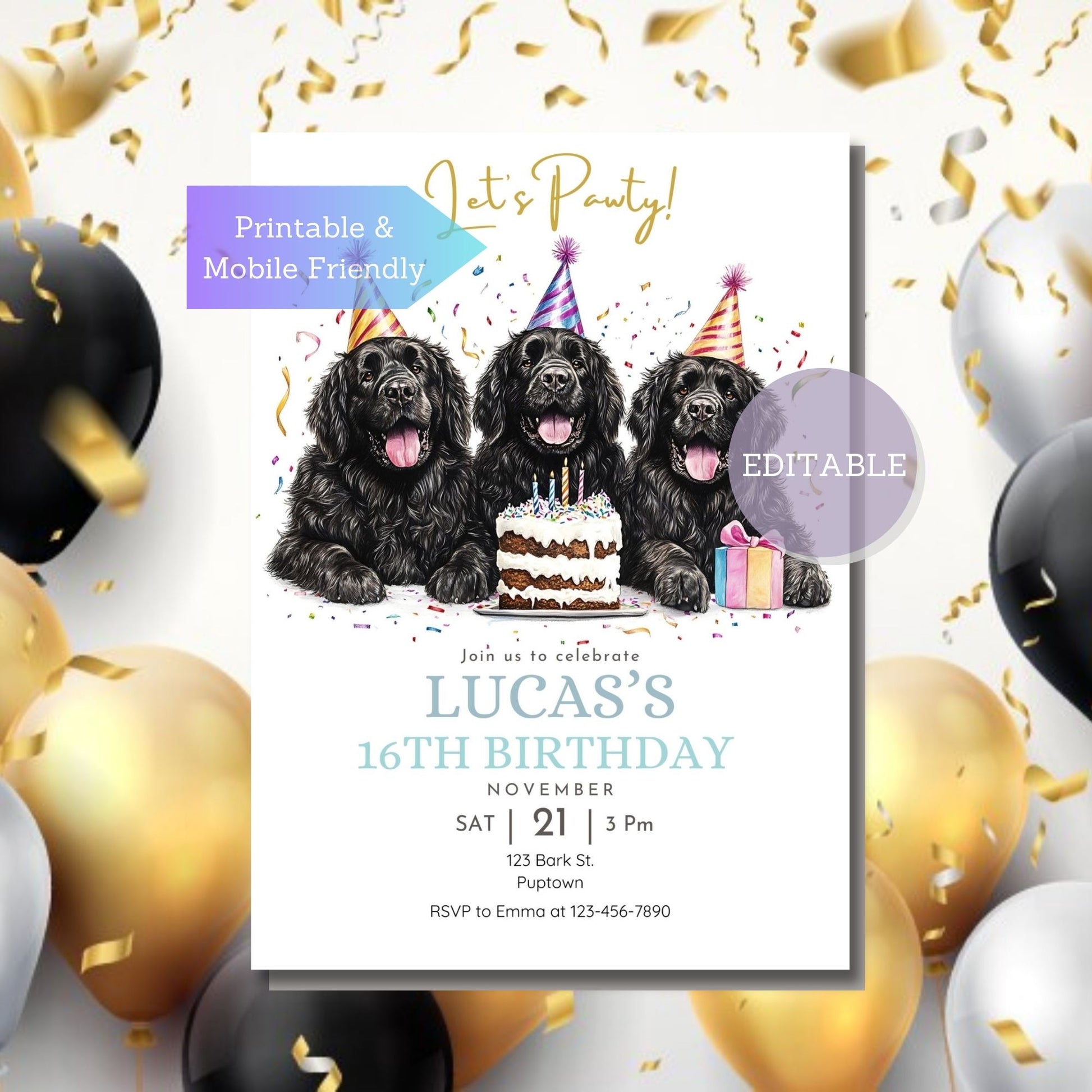 Editable dog party invitation for a Newfoundland birthday, mobile-friendly