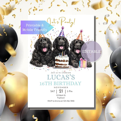 Editable dog party invitation for a Newfoundland birthday, mobile-friendly