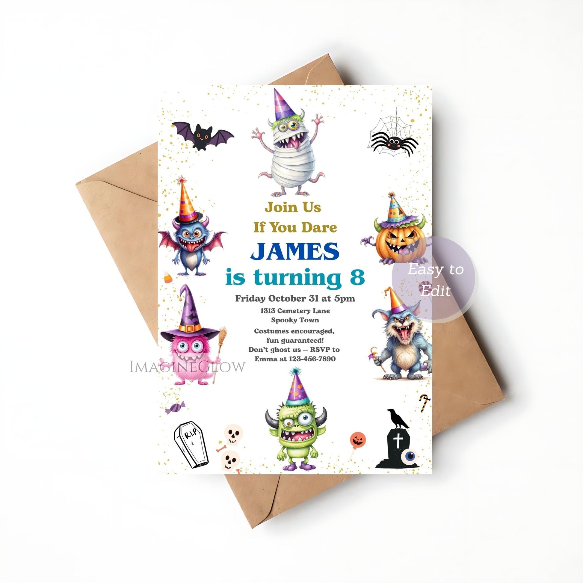Halloween-themed birthday invitation card with cartoon monsters on a white background.
