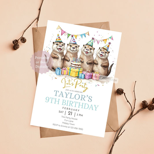 Four otters birthday invitation for kids

