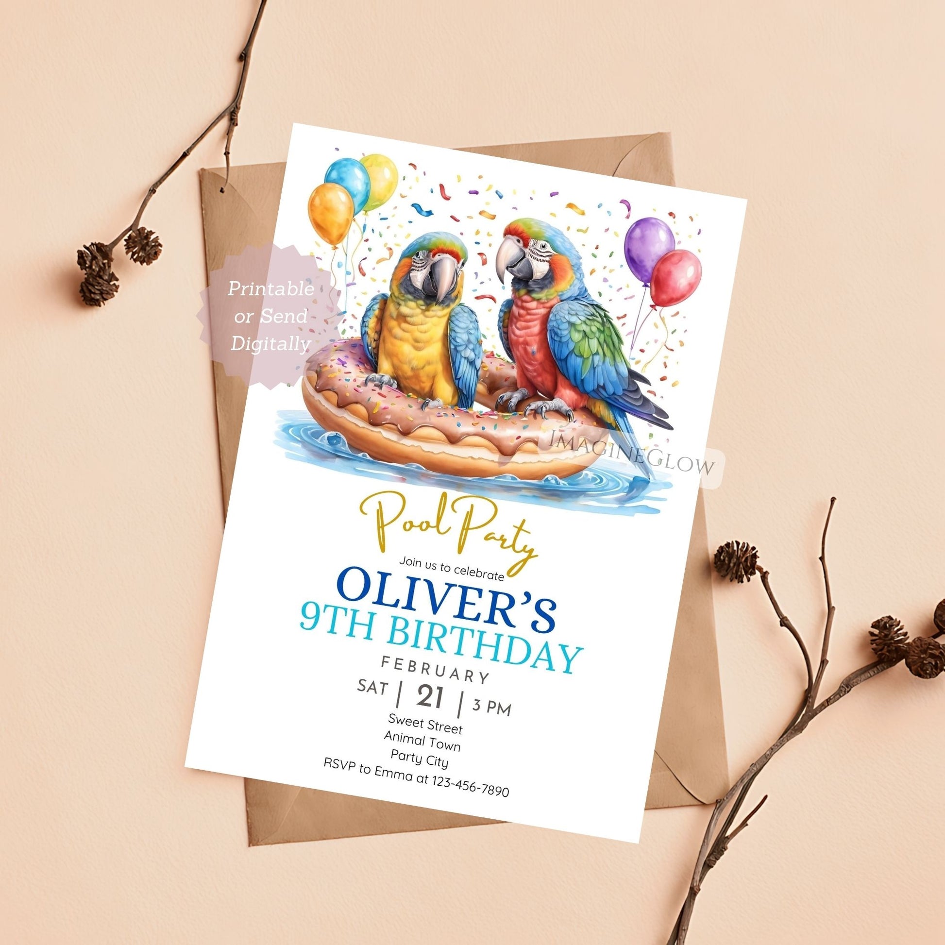 Tropical bird birthday invitation
