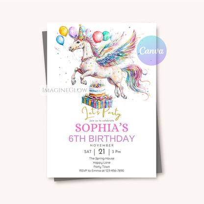 Winged horse birthday invitation for kids
Fantasy Pegasus birthday party invite editable

