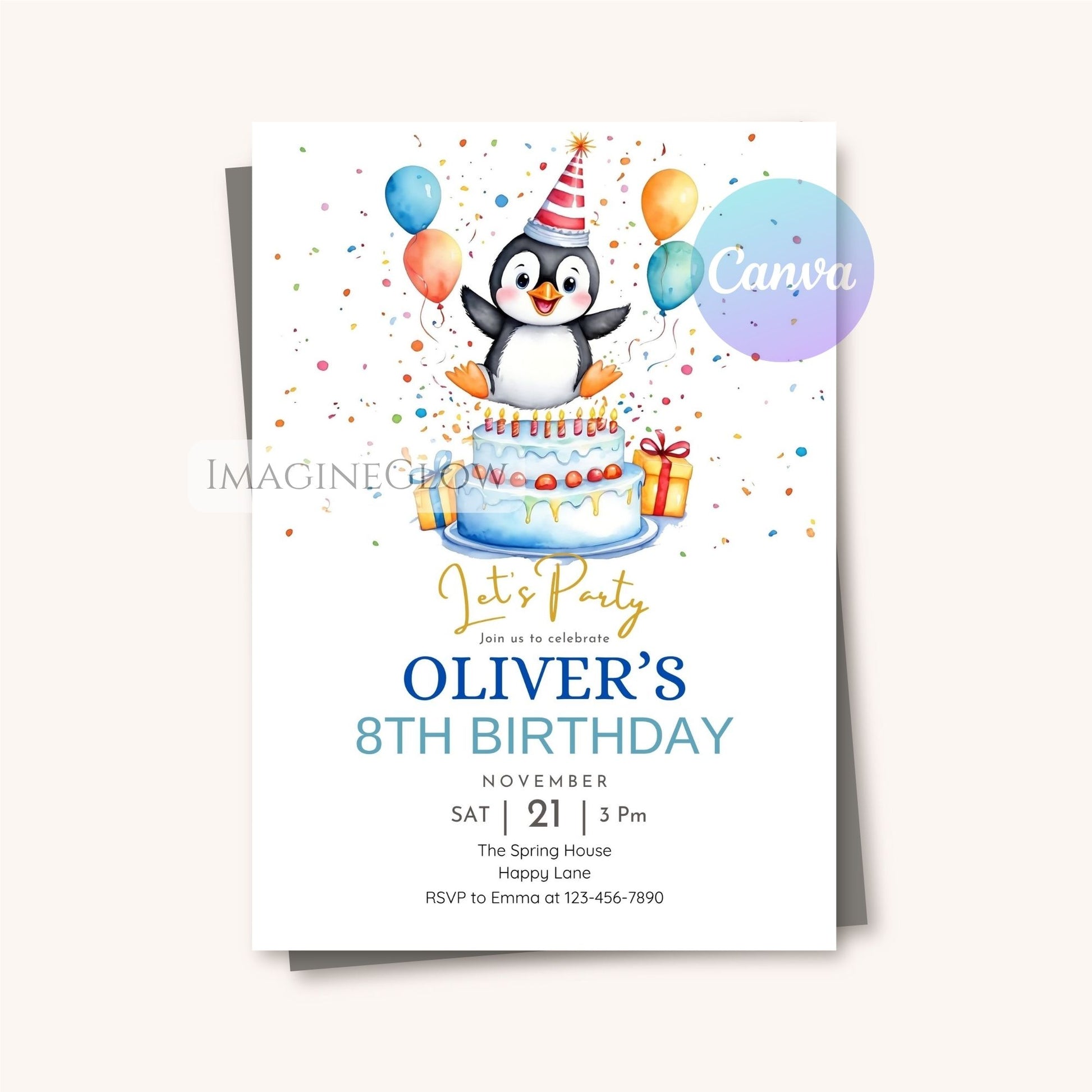 printable penguin birthday card for kids
winter animal birthday invitation editable
penguin party invitation for winter celebration
