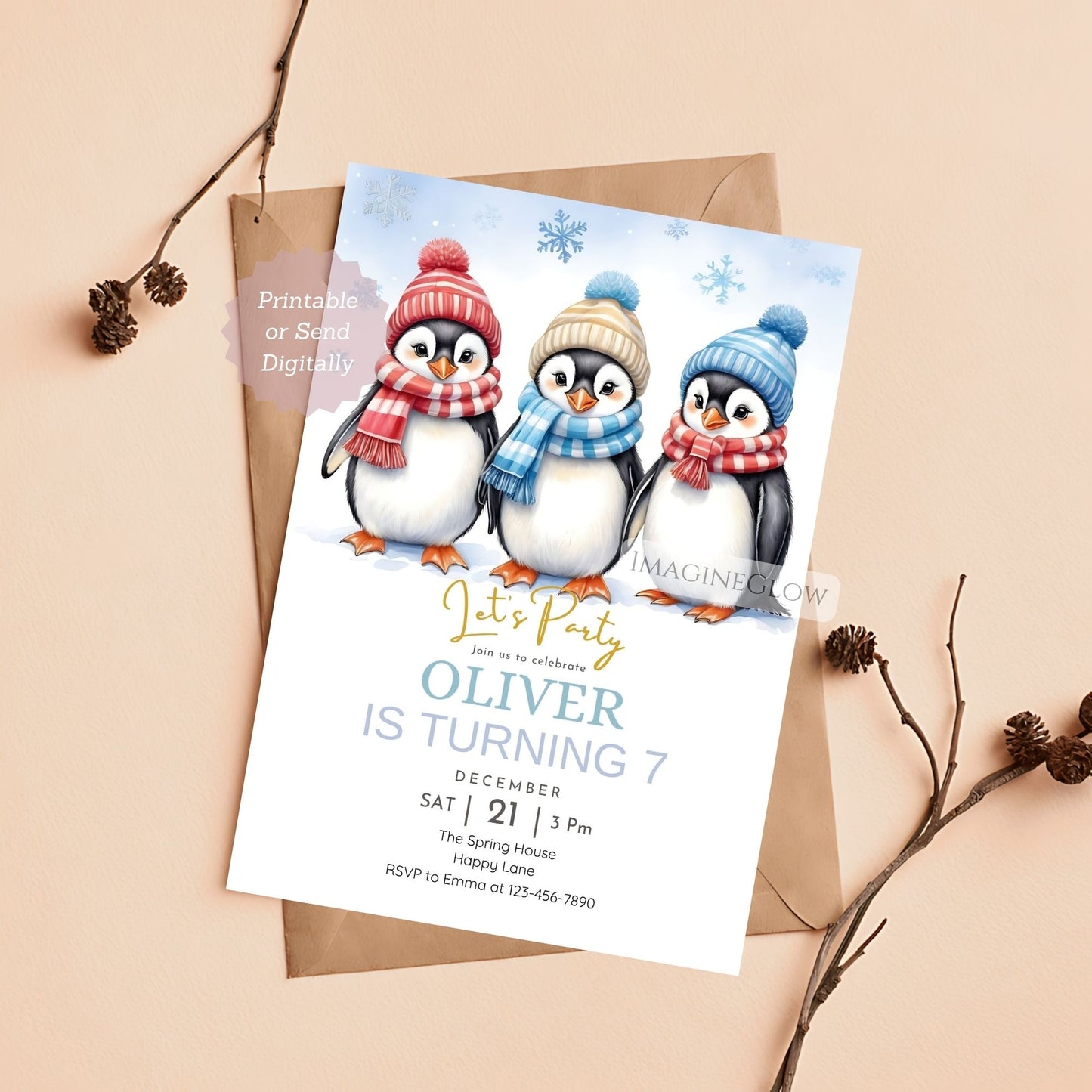 penguin birthday invitation cute kids template
