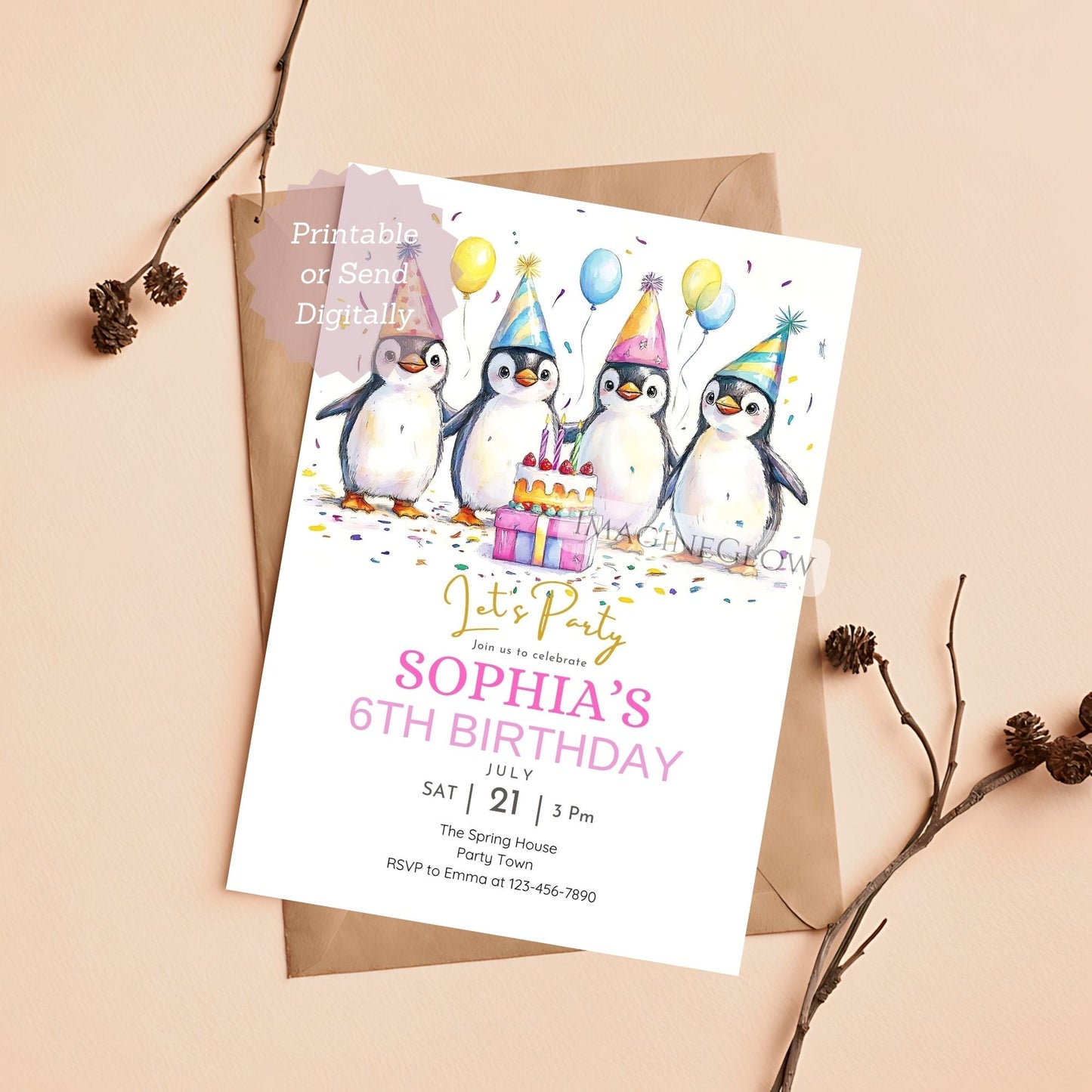 Penguin invite with balloons, cake and gifts