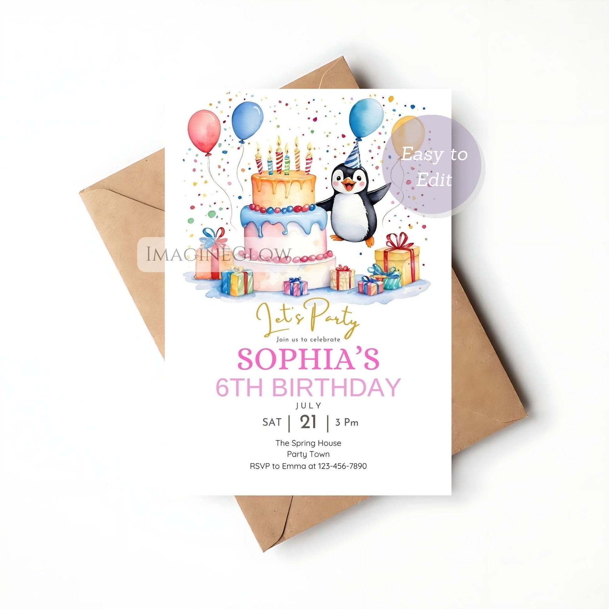 winter penguin birthday invitation editable
