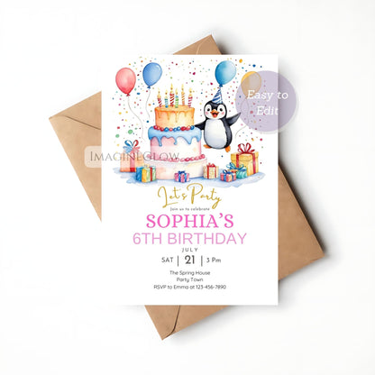winter penguin birthday invitation editable
