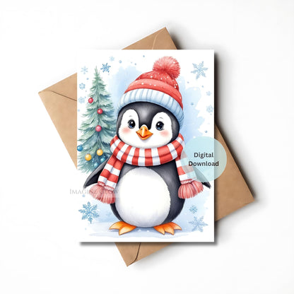 cute penguin christmas card printable design
