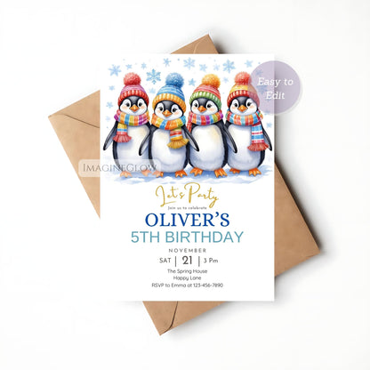 cute penguin birthday invitation design for children