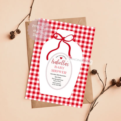 red and white check baby shower invite
