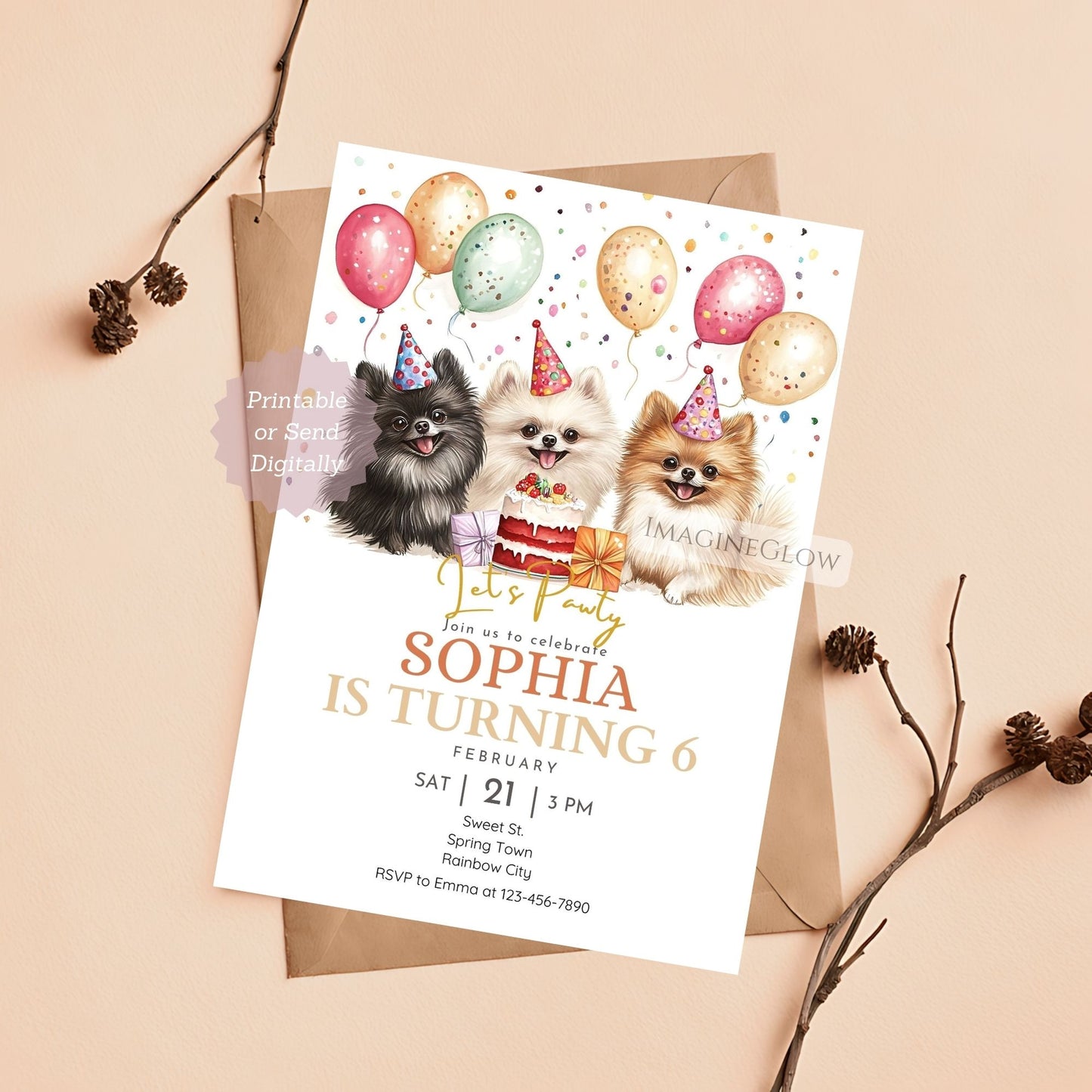 Editable Pomeranian dog birthday invitation template
