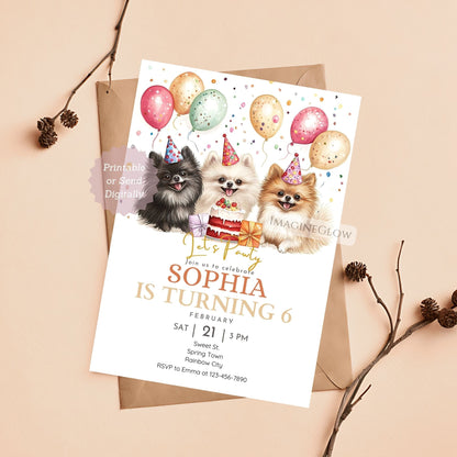 Editable Pomeranian dog birthday invitation template
