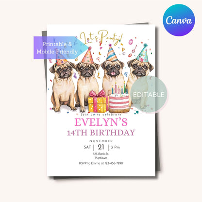 Printable Pug-themed party invitation card for a kid's birthday