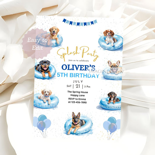 dog pawty birthday invite boy
editable puppy pool party invite
