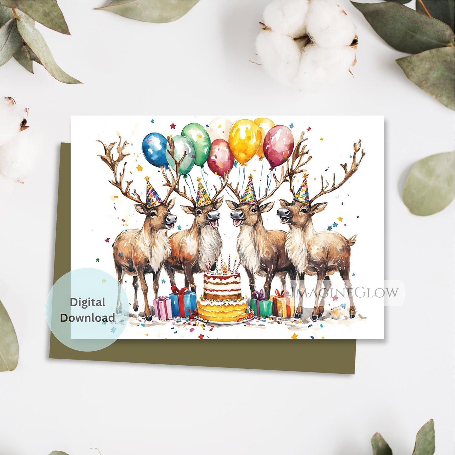 Birthday card with four deer, balloons, and a cake on a white background.