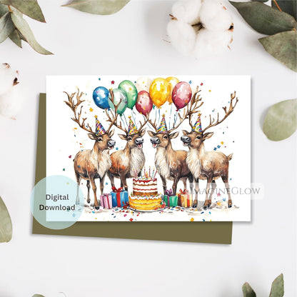 Birthday card with four deer, balloons, and a cake on a white background.