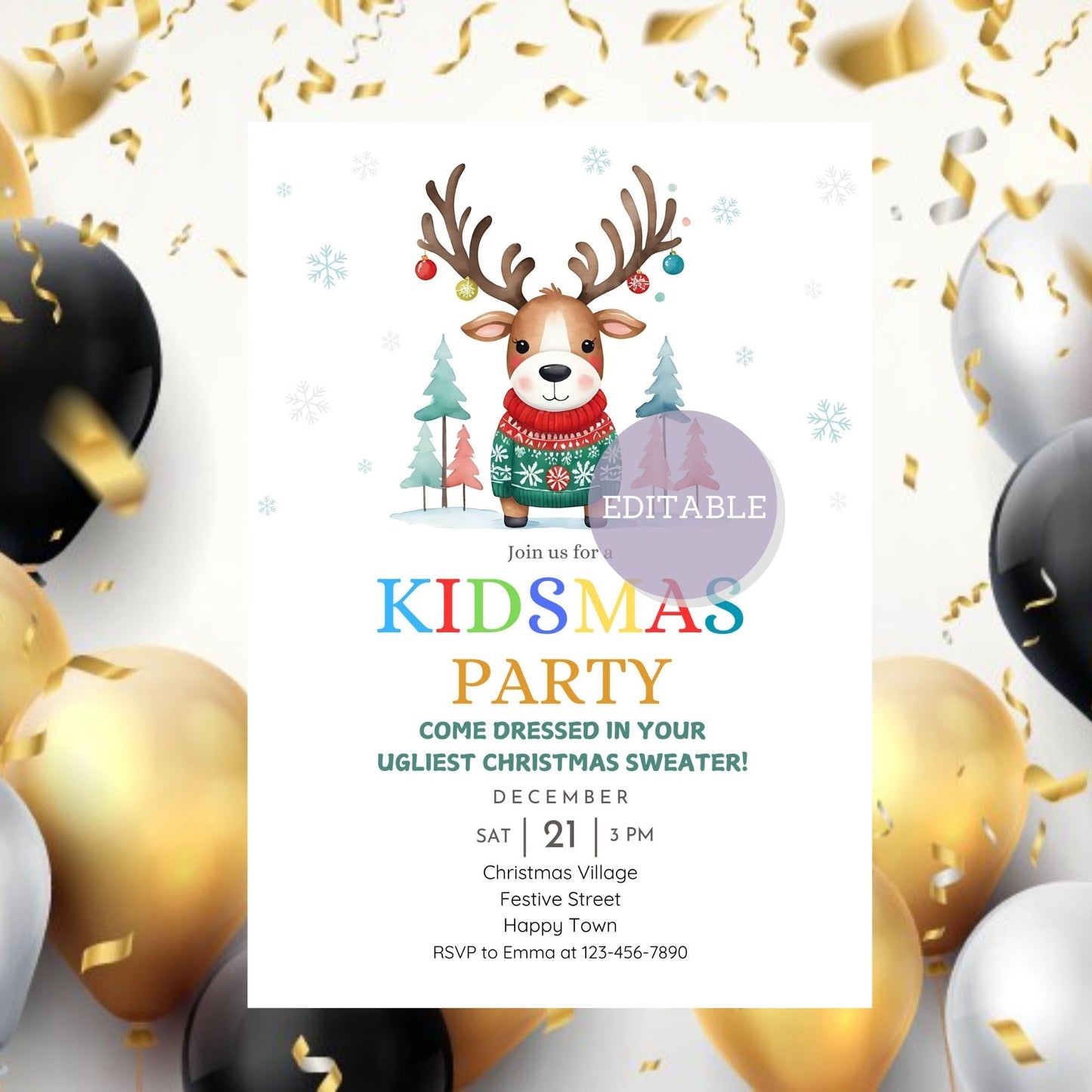 Editable holiday invitation featuring a reindeer theme for kids.
