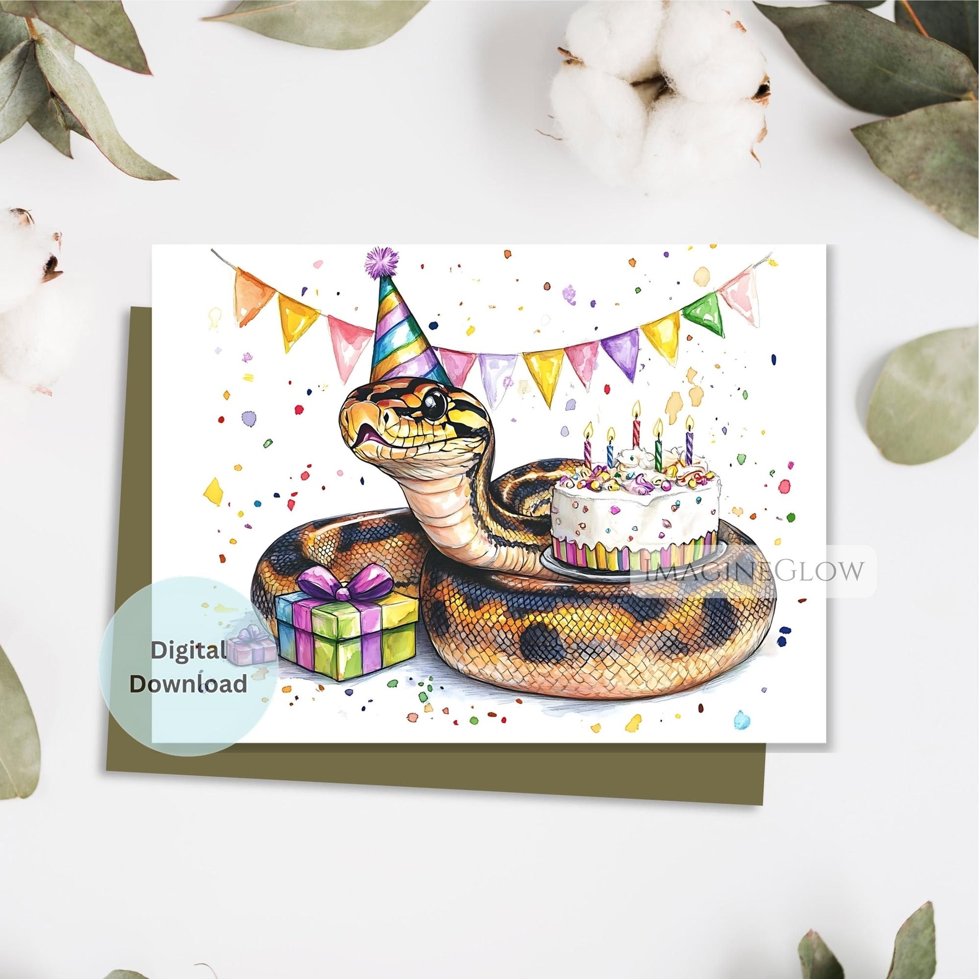 Birthday card with a snake wearing a party hat, birthday cake, and decorations on a white background.