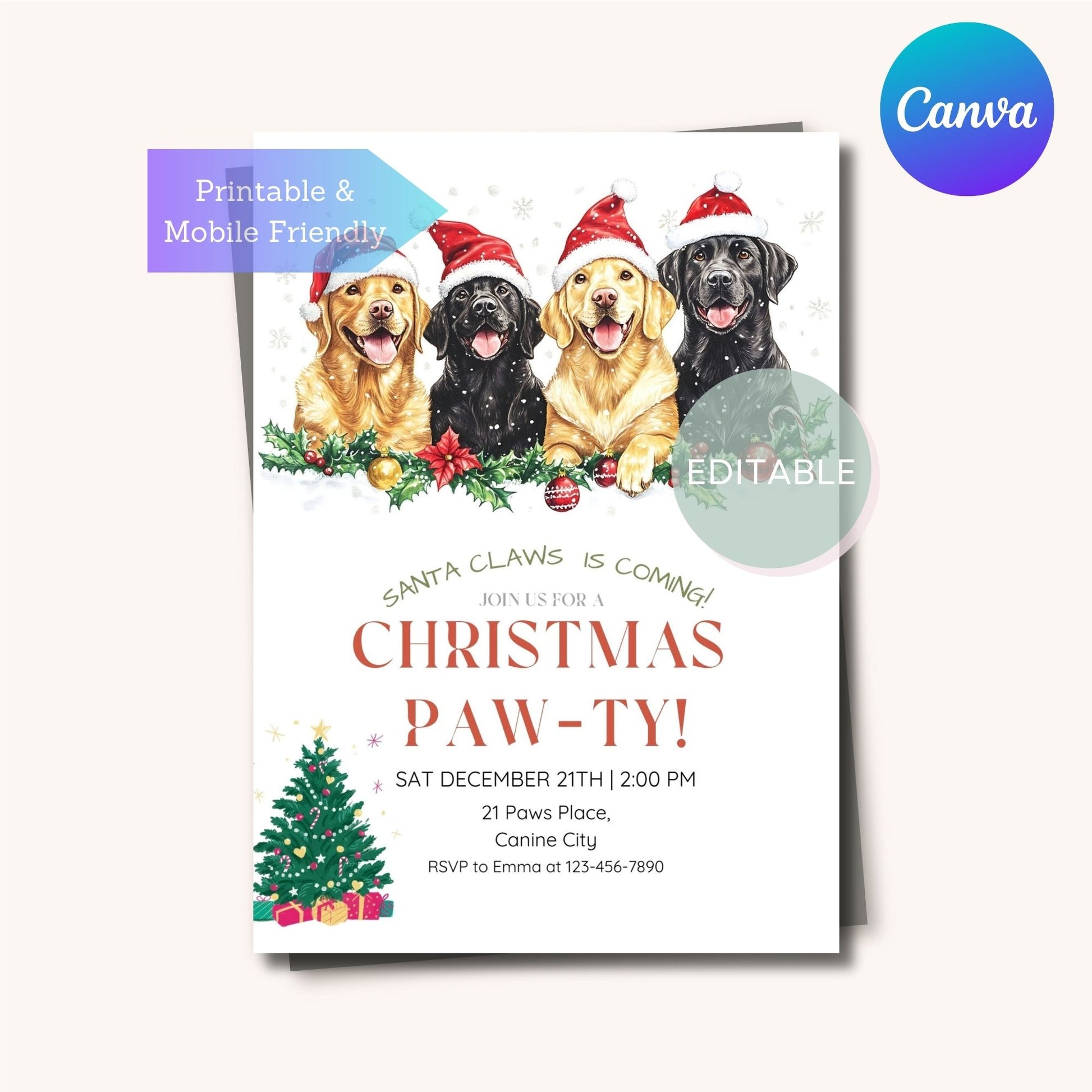 Editable Holiday Invitation featuring Retriever Dog - Printable and Mobile Design