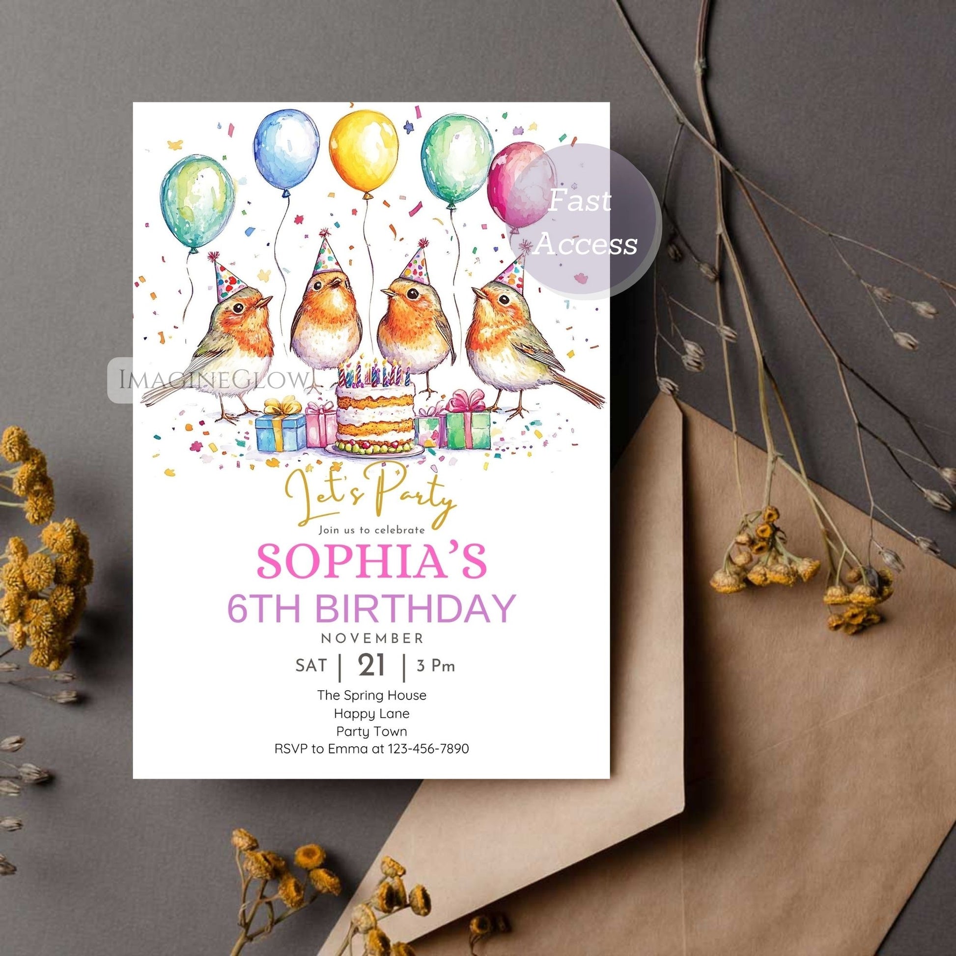 Forest party invitation with bird illustration
