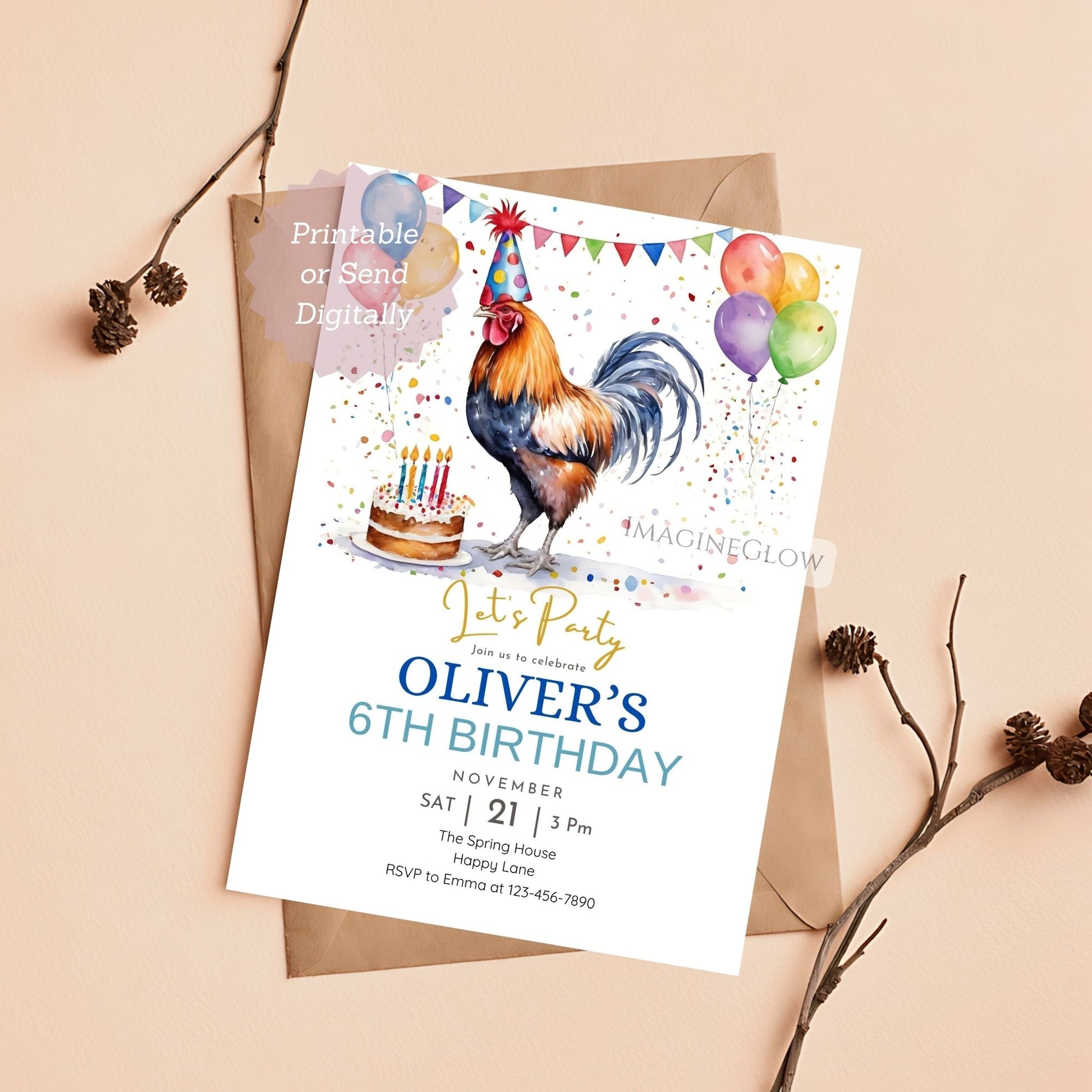 Birthday invitation card with rooster and cake illustration on a beige background